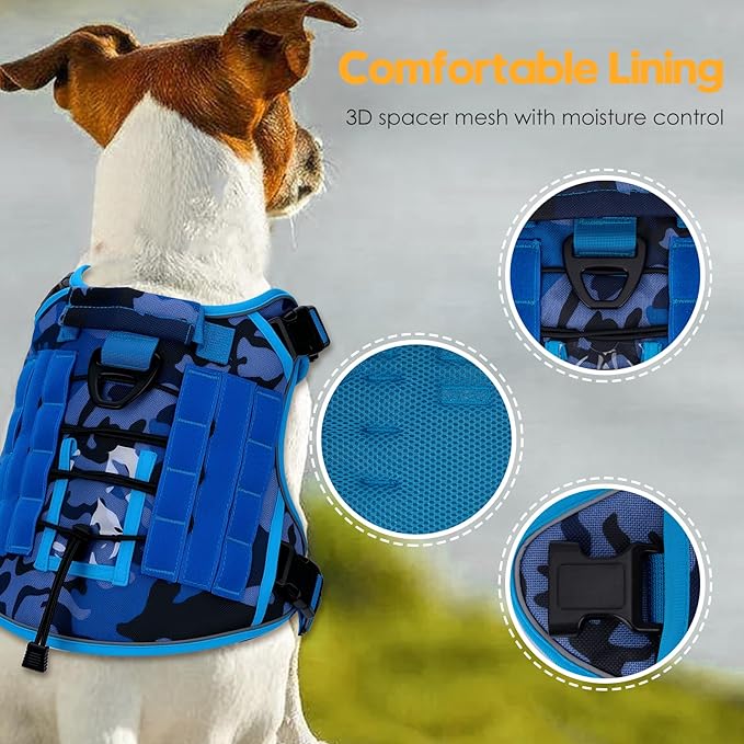 Heavy-Duty Tactical Dog Harness for Large Dogs, No Pull Adjustable Reflective Pet Vest with Molle System, K9 Military-Grade Control for Service Training, Outdoor & 10+ Breeds, Blue Camo, X-Large-Mewly Pet