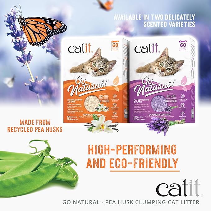 Catit - Go Natural Pea Husk Clumping Cat Litter - Lightweight, Dust Free, Easy Cleaning & Scooping, Flushable Kitty Litter with Odor Control & Subtle Fragrance - 12.3 Lbs, Vanilla Scented-Mewly Pet