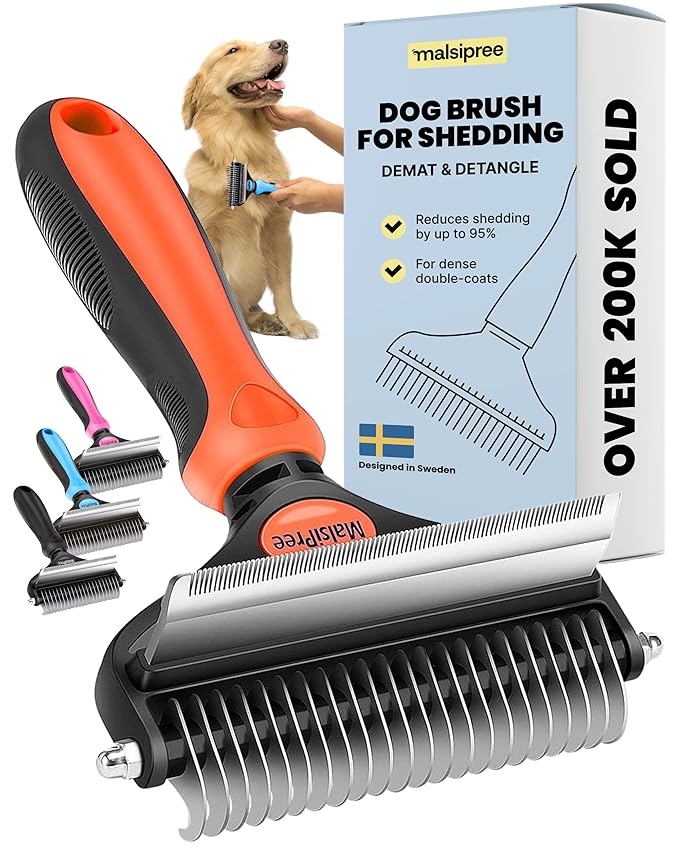 MalsiPree Dog Brush for Shedding - 2 in 1 Undercoat Rake Deshedding Tool for Medium to Large Double-Coated Dog Grooming - Pet Dematting Comb - Pet Deshedder (Orange) - Deshedding Brush-Mewly Pet
