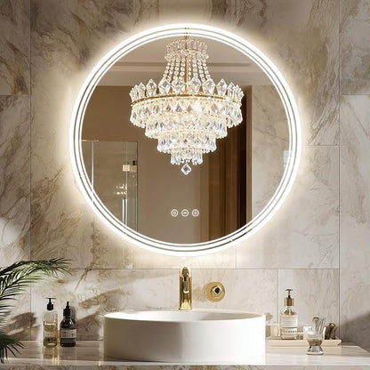 30''x30'' Lighted Mirrors for Bathroom Wall Backlit + Front Lit, Round LED Bathroom Mirror Frameless with Lights Anti Fog, Dimmable, 3 Colors,Tempered Glass, Shatter-Proof