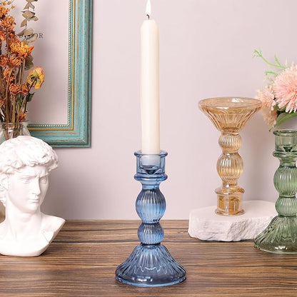 DARJEN 2 Pcs Blue Candlestick Holders - Vertical Stripe Glass Candle Holders for Taper and Votive Candles, Taper Candle Holder for Home, Wedding, Party, Dinner Table Decor