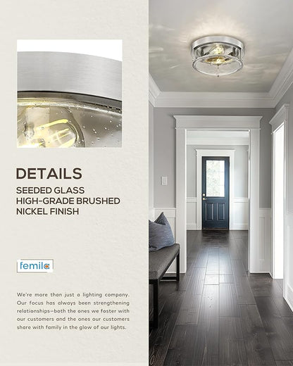 FEMILA Brushed Nickel Flush Mount Ceiling Light, 12" Bedroom Ceiling Light, Seeded Glass, E26 Base, 4FTJ22-F BN