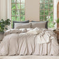 MooMee Bedding Duvet Cover Set 100% Washed Cotton Linen Like Textured Breathable Durable Soft Comfy (Solid Light Tan, Super King 108"x98")