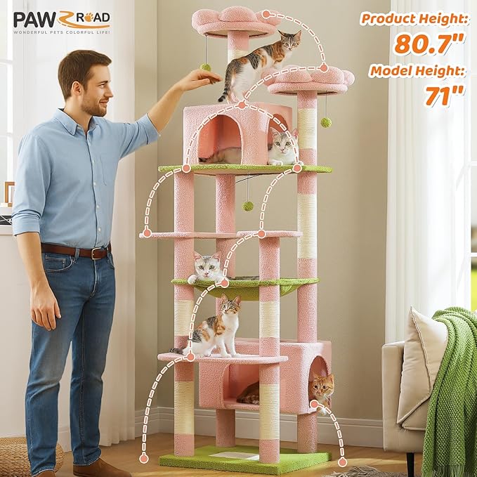 PAWZ Road Flower Cat Tree for Large Cats, 81 Inches Pink Tall Cat Tower with 2 Perches, 2 Condos and Spacious Hammock, XL Extra Large Condo with 7 Scratching Posts for 20lb+ Adult Cats-Mewly Pet