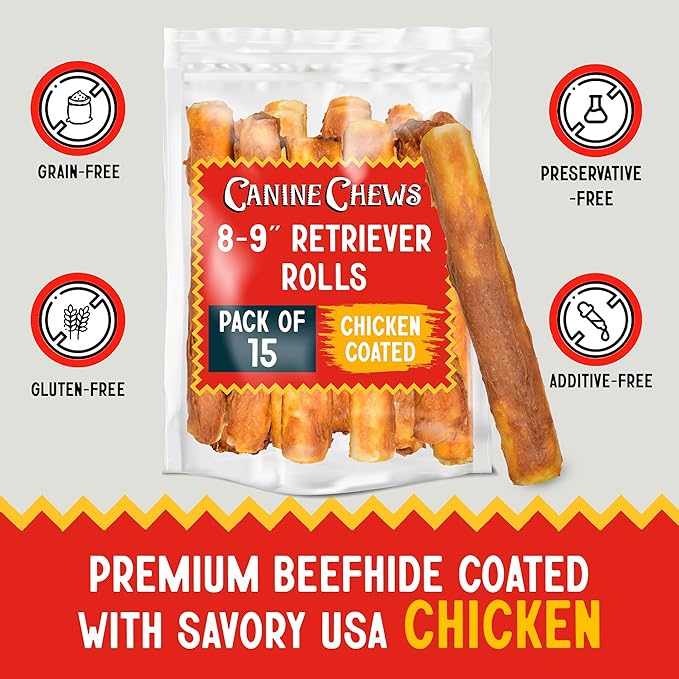 Canine Chews 8-9" Chicken Coated Dog Rawhide Retriever Rolls (15 Pack) - Chicken Rawhide Bones for Large Dogs - 100% USA-Sourced Chicken Coated Dog Rawhide Chews - Healthy Dog Dental Chew Rawhides-Mewly Pet
