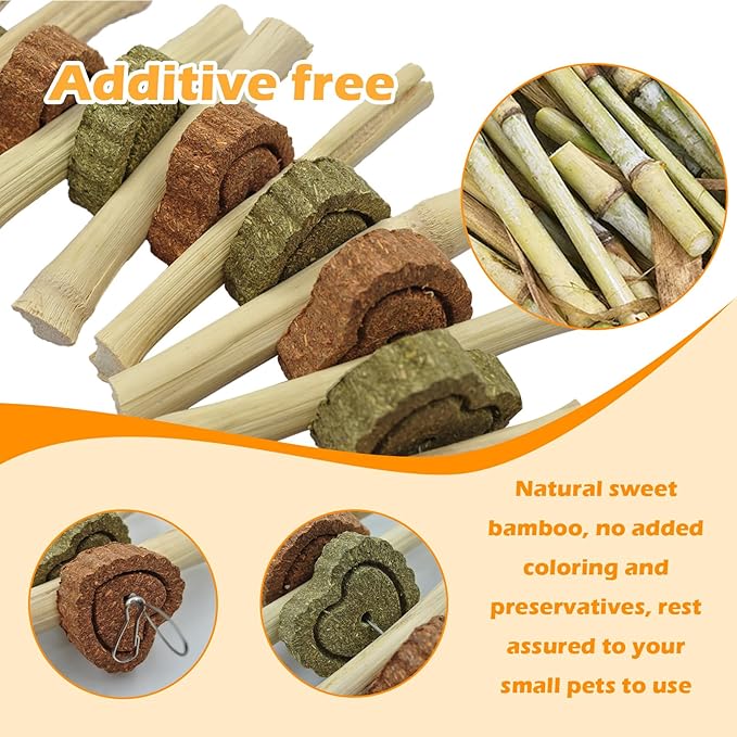 4 PCS Rabbit Chew Toys for Teeth Grinding, Delicious Bunny Cage Hanging Chew Toys, Natural Sweet Bamboo Chew Sticks and Timothy Grass Cake Hay Treats Maintaining Healthy Teeth for Rabbits-Mewly Pet
