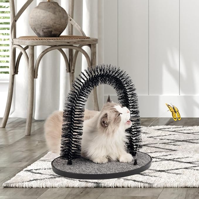 Pet Prime 2in1 Cat Arch Self Groomer for Indoor Cats, Back Scratcher Grooming Massage Brush With Sturdy Scratching Pad, Durable Brusher and Butterfly Toy-Mewly Pet