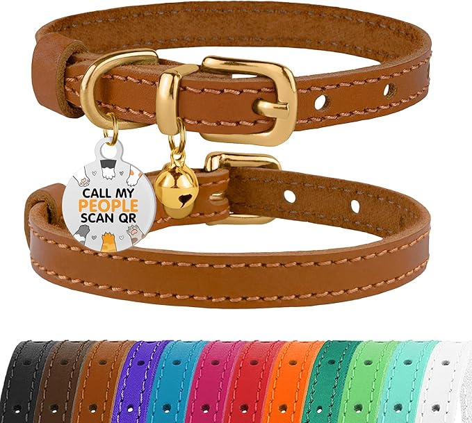 BRONZEDOG Leather Cat Collar with Removable Bells Non Breakaway Kitten QR Tag for Girl Boy (7" - 9" for Cats, Light Brown & Gold)-Mewly Pet