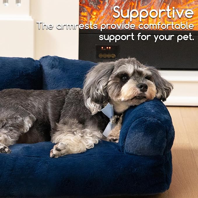 Hollypet Fluffy Plush Pet Cat Couch Sofa Soft Calming Pet Dog Sofa Beds for Medium Small Cats and Dogs, Cobalt Blue-Mewly Pet