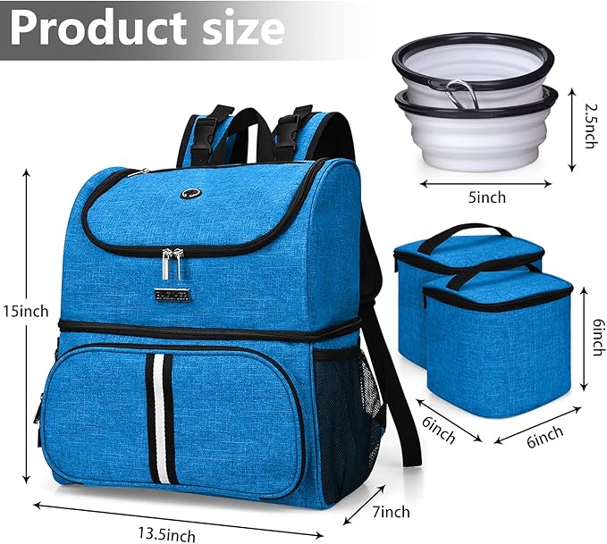 BAGLHER Pet Travel Bag, Double-Layer Pet Supplies Backpack (for All Pet Travel Supplies), Pet Travel Backpack with 2 Silicone Collapsible Bowls and 2 Food Baskets Blue-Mewly Pet