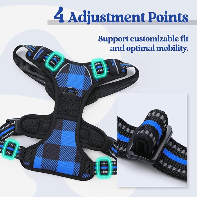 rabbitgoo Dog Harness No Pull with 2 Leash Clips, Adjustable Soft Padded, Reflective Oxford No Choke Pet Vest with Easy Control Handle for Medium Sized Dogs, Blue Plaid, M-Mewly Pet