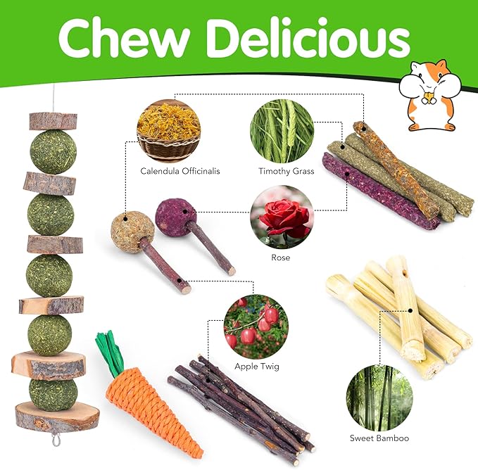 VESPRO Bunny Teys for Rabbits Hamster/Guinea Pig Toys Natural Timothy Hay Sticks chew Treats and Balls for Rabbit, Bunny, chinehila, Guirea Pig, Hamster, Bunny Teeth Care-Mewly Pet