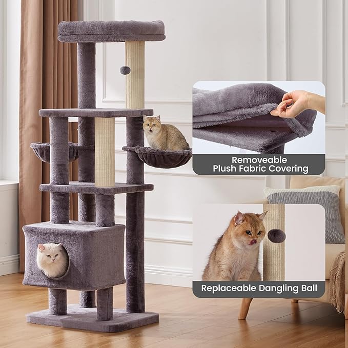 Gardner Pet 65in Heavy Duty Cat Tree Tower for Large Cats, Multi-Level Cat Furniture with Replaceable Sisal Scratching Post, Hammock | Extra-Large Platform & Condo (Upgraded Grey)-Mewly Pet