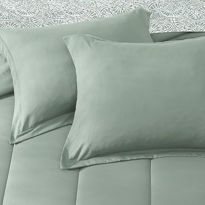 Monbix King Size Comforter Set - 7 Pieces Bed in a Bag King, Sage Green Track Stitching Bedding Sets, All Seasons Down Alternative Bed Set with Sheets, Pillowcases & Shams