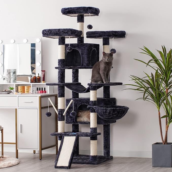 Hey-brother Cat Tree, 71 inches XL Large Cat Tower for Indoor Cats, Multi-Level Cat House with 3 Padded Perches, Big Scratcher, Cozy Basket, 2 Cat Condos and Scratching Posts, Smoky Gray MPJ034G-Mewly Pet