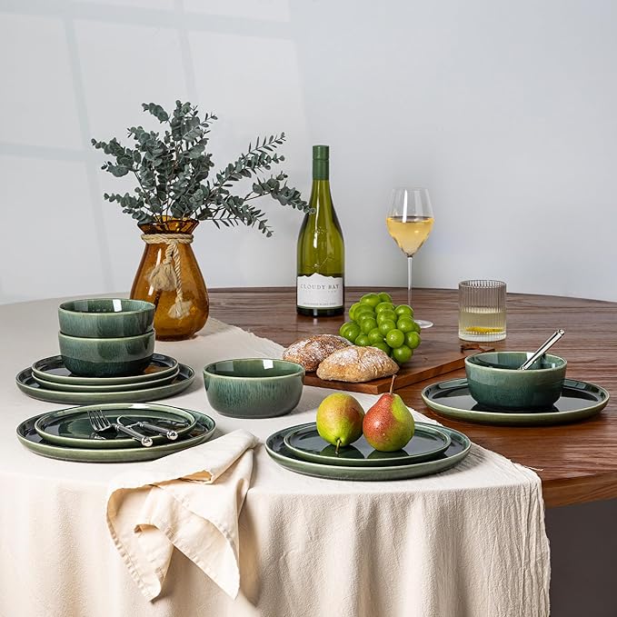 GBHOME Ceramic Dinnerware Sets for 6, 18 Pieces Stoneware Plates and Bowls Sets, Reactive Glaze Dishes -Scratch Resistant, Dishwasher&Microwave Safe, Earth Green-Mewly Pet