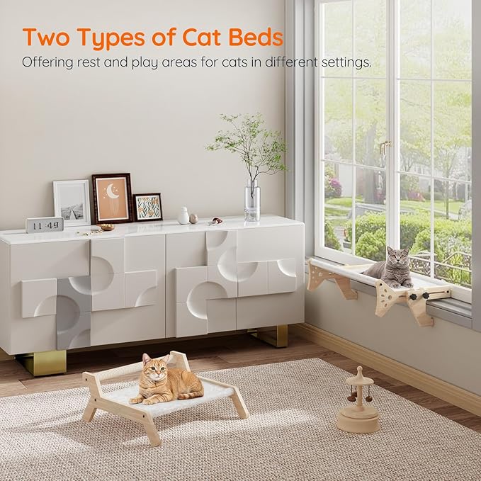 HOOBRO Cat Window Perch, Set of 2, Cat Window Hammock with Support Legs, Cat Hammocks for Indoor Use, Cat Beds with Soft Plush for Window and Floor, Natural NL44CS03-Mewly Pet