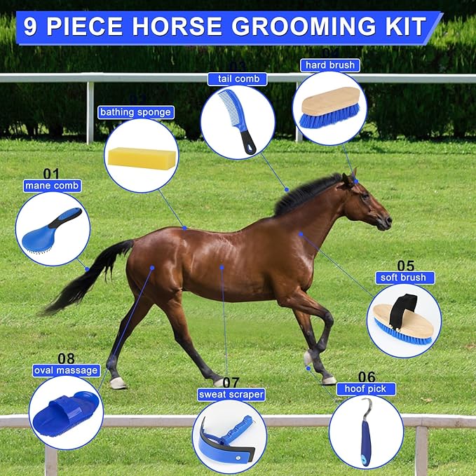 9 Pieces Grooming Kit with Tote Bag - Horse Brush Set, Sweat Scraper, Sponge, Hoof Pick, Curry Comb for Riders and Beginners (Blue)-Mewly Pet