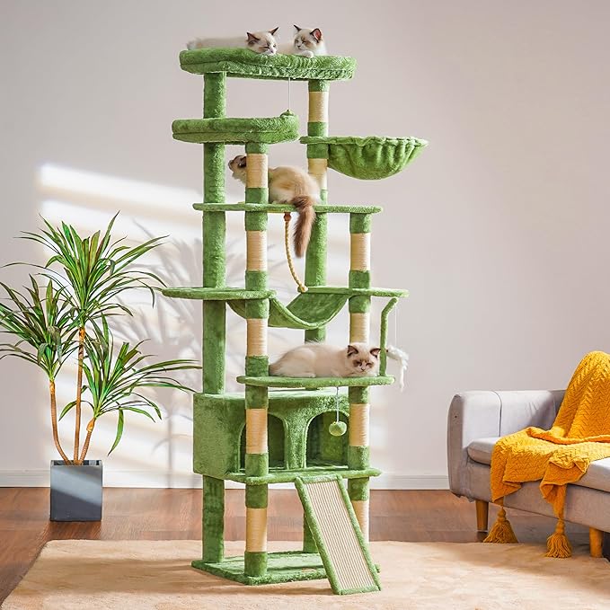 Heybly Tall Cat Tree,78 inch Multi-Level Cat Tower for Indoor Cats, 2 Widened Plush Perches Cat Condo with Scratching Board and Big Caves, Green HCT033GR-Mewly Pet