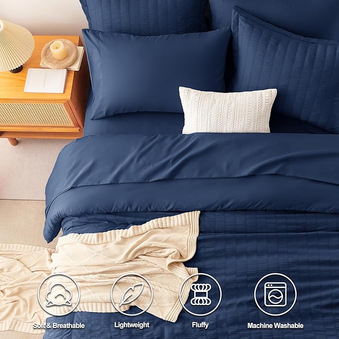 CozyLux King Size Comforter Set Navy Blue Seersucker 7 Pieces Bed in a Bag King Comforter Set with Sheets, Luxury Bedding Set with Down Alternative Comforter, Sheets, Pillowcases & Shams All Seasons