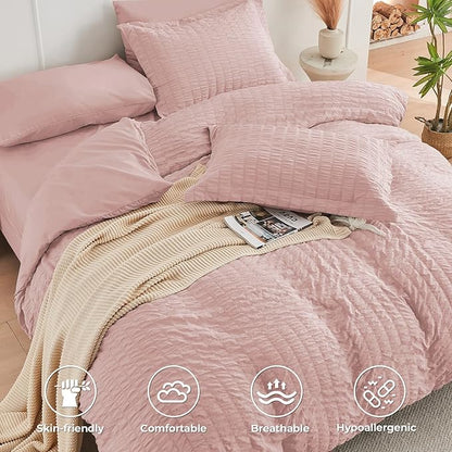 HYMOKEGE Rose Gold Twin Comforter Set Seersucker 5 Pieces, All Season Luxury Bed in a Bag Queen for Bedroom, Bedding Set with Comforter, Sheets, Pillowcase & Sham