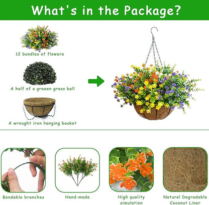 Artificial Hanging Plants Flowers with Basket for Spring Summer Outdoor Decoration, Yellow Purple White Orange