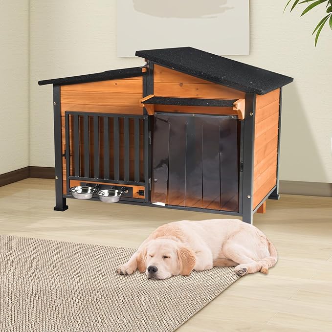 Chew-Resistant Dog House with Metal Frame, Wooden Kennel for Indoor & Outdoor Use, Waterproof Roof & Feeding Bowls Included (Wood, L)-Mewly Pet