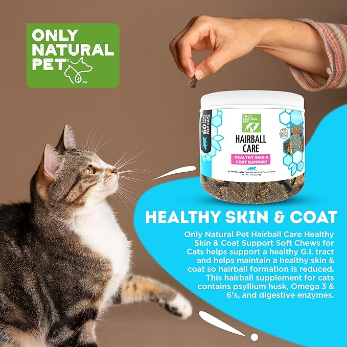 Only Natural Pet Hairball Care - Healthy Skin and Coat Support - Soft Chews for Cats – Digestive Supplement with Flaxseed, Psyllium Husk and Corn Silk – Chicken and Liver Flavor – 60 Count-Mewly Pet