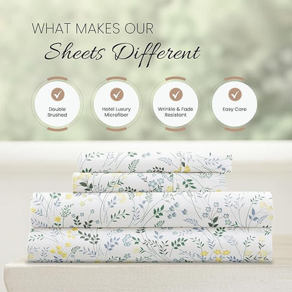 Linen Market Double-Brushed Patterned Microfiber Full Sheet Set 4 Piece – Oeko-TEX Certified Ultra Soft & Wrinkle-Free - 16" Deep Pocket Sheets - Easy Care Full Size - Wildflower Light Blue