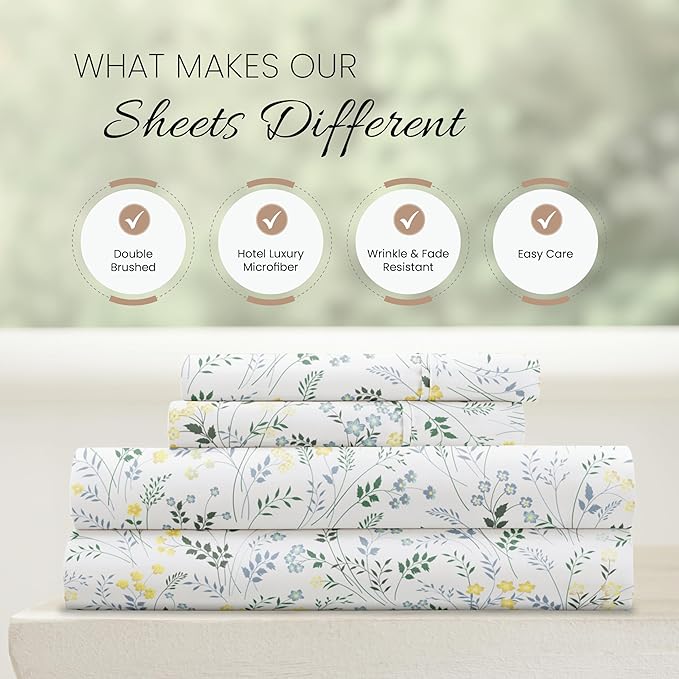 Linen Market 4 Piece Queen Sheet Set - Breathable, Double-Brushed Patterned Cooling Sheets – Oeko-TEX Certified Ultra Soft & Wrinkle-Free 16" Deep-Pocket Queen Sheets - Easy Care Wildflower Blue