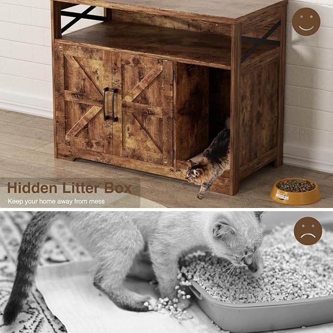 Cat Litter Box Enclosure, Hidden Litter Box Furniture with Scratch Pad, Farmhouse Indoor Cat House Washroom End Table, Rustic Brown-Mewly Pet