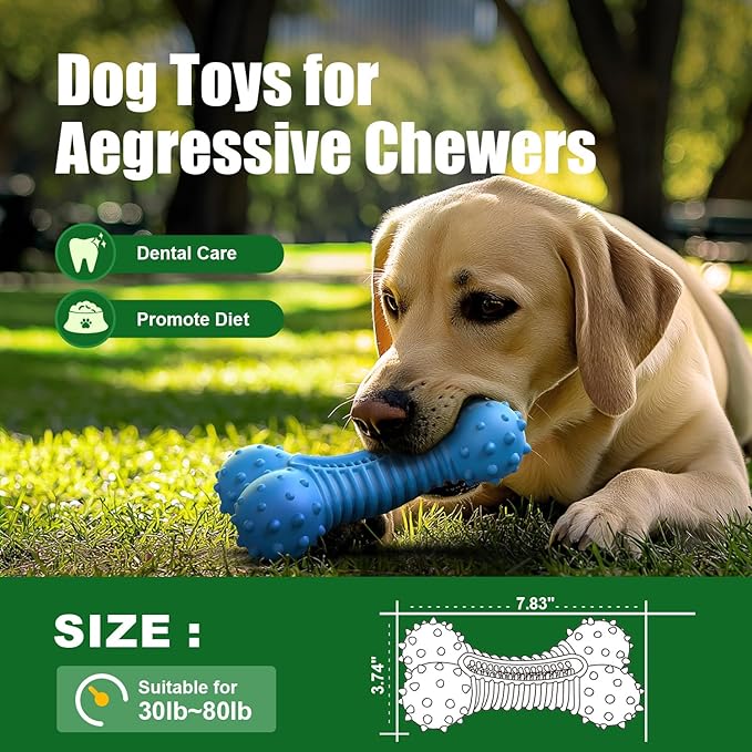 Dog Toys for Aggressive Chewers, Chew Toys for Medium Large Dogs, Durable Natural Rubber Toys with Bacon Flavor, Indestructible Dog Toy,Blue-Mewly Pet