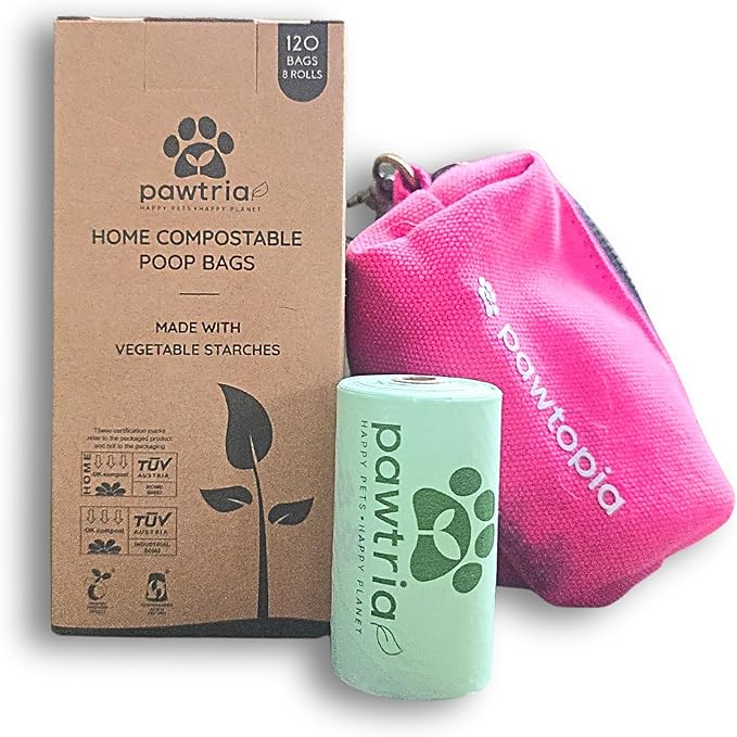 Pawtria Bundle Product of 120 Pet Waste Bags and 1 Canvas Dispenser (Pink), Vegetable Starches, Eco-friendly Dog Waste Bags, Leak proof, Easy to Open, Give Back, Fabric poop bag holder…-Mewly Pet