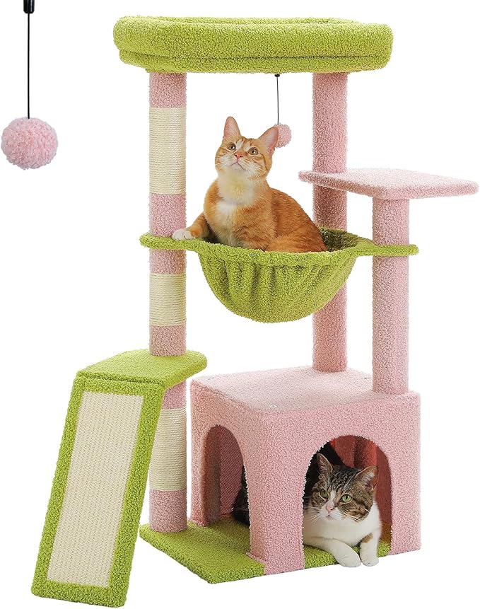 PEQULTI 36.5'' Cat Tree for Indoor Cats, Small Cat Tower with Large Condo, Cat Scratching Posts, Cozy Hammock and Scratching Ladder for Kittens, Pink-Mewly Pet