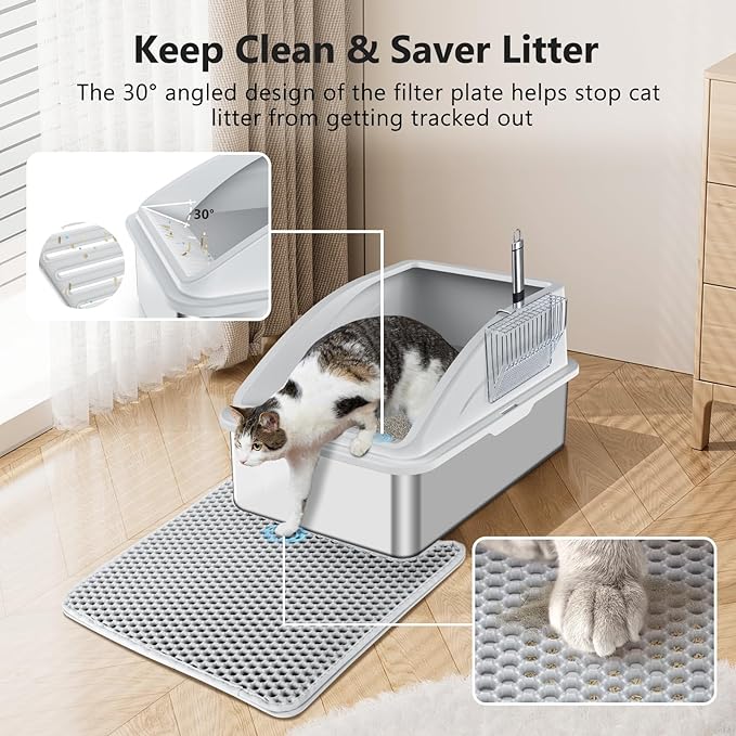 Stainless Steel Litter Box, Extra Large Litter Boxes for Big Cats, XL Metal Cat Litter Box with Lid, Anti-Urine Leakage, Non-Sticky, Include Cat Mat and Litter Scoop-Mewly Pet