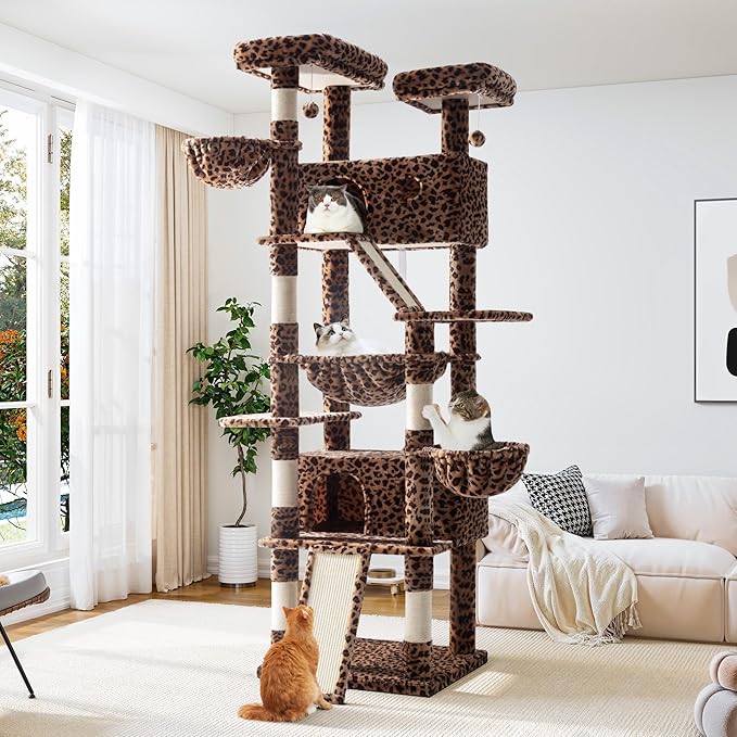 Allewie 81 Inches Tall Cat Tree/Multi-Level Large Climbing Tree House and Towers for Big Feline/Condo and Hammock/Scratching Post/Wide Base/Leopard Print-Mewly Pet