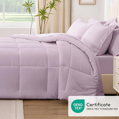 Love's cabin Queen Comforter Set Light Purple, 7 Pieces Queen Bed in a Bag, All Season Bedding Sets with 1 Comforter, 1 Flat Sheet, 1 Fitted Sheet, 2 Pillowcase and 2 Pillow Sham