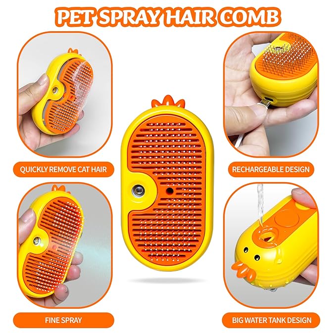 Spritz Defur Comb for Cats, New 3-in-1 Cat Steam Brush for Massaging and Cleaning Shedding Pets, Comb for Long and Short Hair Cats and Dogs Grooming Tool (zsyellow)-Mewly Pet