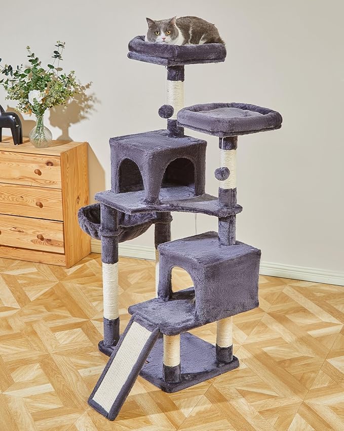 Taoqimiao 56.3-Inch Cat Tree, Cat Tower with Scratching Posts, Cat Tree House for Indoor Cats with hammocks, Toys, Condo and Large Scratch Board, Smoky Gray MS012G-Mewly Pet