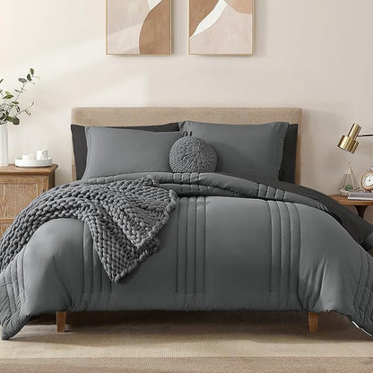 Monbix Full Comforter Set - 7 Pieces Grey Bed in a Bag Full Size Bedding Sets with Comforters, All Seasons Down Alternative Comforter with Sheets,Pillowcases & Shams