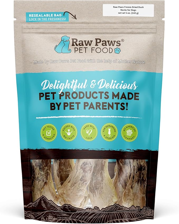 Raw Paws Freeze Dried Duck Necks for Dogs, 5-oz - Made in USA - All Natural Duck Dog Treats - Single Ingredient-Mewly Pet