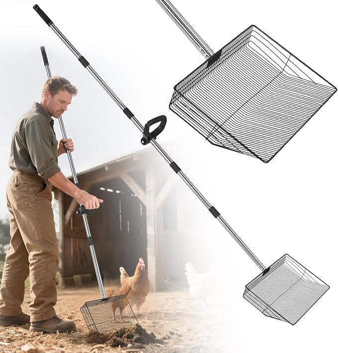 15" Widely Chicken Coop Poop Scooper- Ergonomic Chicken Poop Scooper with 38" to 77" Adjustable Long Handle, Extra-Large Scoop for Sand and Litter, Easy-to-Clean, Multi-Scene Use for Poultry-Mewly Pet