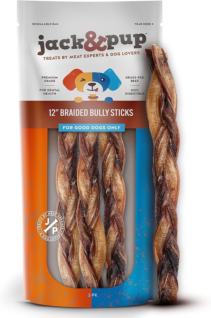Jack&Pup 12" Braided Bully Sticks (3 Pack) Long Lasting Thick Bully Sticks for Large Dogs and Aggressive Chewers, Single Ingredient Dog Chews-Mewly Pet