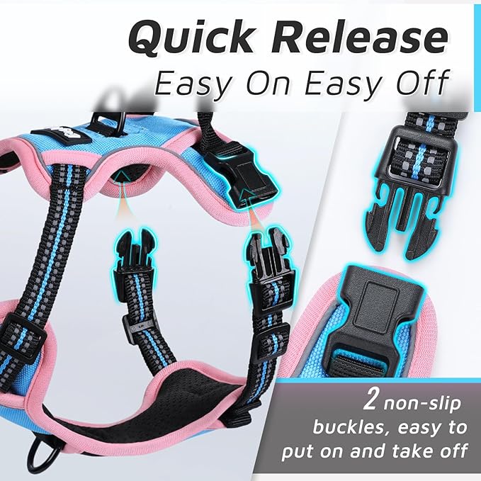 Eagloo Small Dog Harness No Pull, Service Vest with Reflective Strips and Control Handle, Adjustable and Comfortable for Walking, No Choke Pet Harness with 2 Metal Rings, Pink & Blue, XS-Mewly Pet