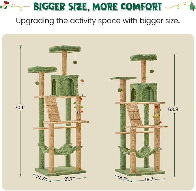 MWPO 70.1-Inch Green Large Cat Tree, Multi-Level Tall Cat Tower for Indoor Cats, Plush Cat Condo with Big Padded Perches, Sisal-Covered Scratching Posts, Hammock, Toys for Kittens & Cats-Mewly Pet