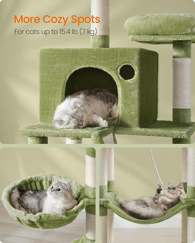 Feandrea Cat Tree, 81.1-Inch Large Cat Tower with 13 Scratching Posts, 2 Perches, 2 Caves, Basket, Hammock, Pompoms, Multi-Level Plush Cat Condo for Indoor Cats, Green UPCT190C01-Mewly Pet