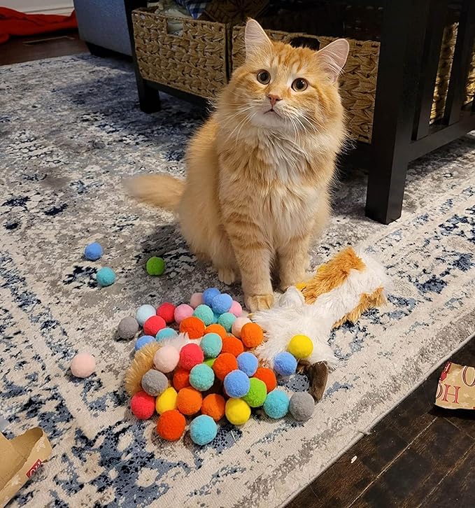 Loty Store 50PCS Cat Toys Balls 3CM,Soft Colorful Pompoms Ball Cat Chew Toy Kitten Pet Toy, Scratching Balls Toy Interactive Pet Supplies for Cats Kittens Dog-Mewly Pet