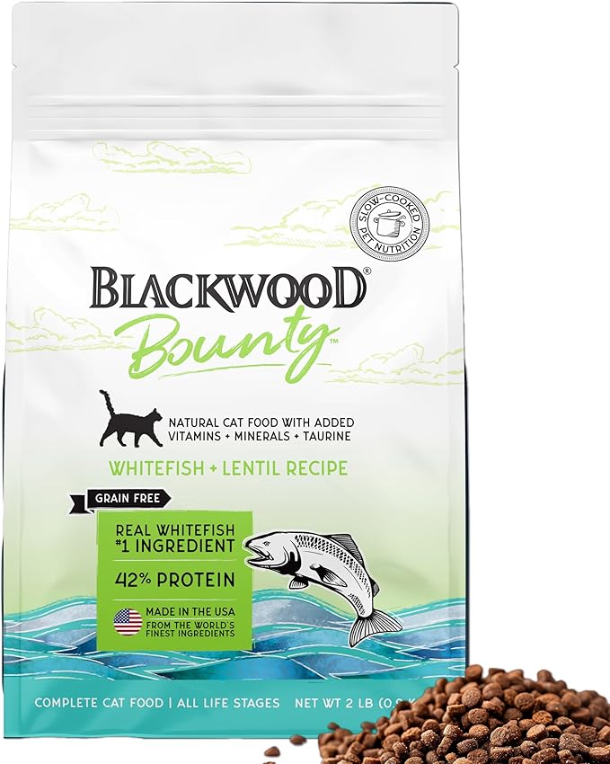 Blackwood Bounty Dry Cat Food, Whitefish & Lentil Recipe for All Life Stages, 2 Pound Bag, High Protein, Grain Free-Mewly Pet