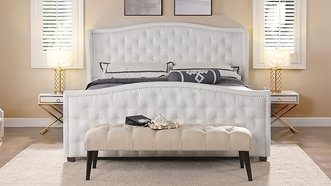 Jennifer Taylor Home Marcella Upholstered Shelter Headboard Bed Set, King, Bright White Polyester