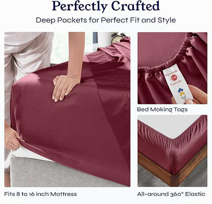 California Design Den King Size Sheets Set - Soft 400 Thread Count Sateen, Natural 100% Cotton Sheets with Deep Pockets, Breathable, Cooling and Durable Bedding Set - Burgundy Red